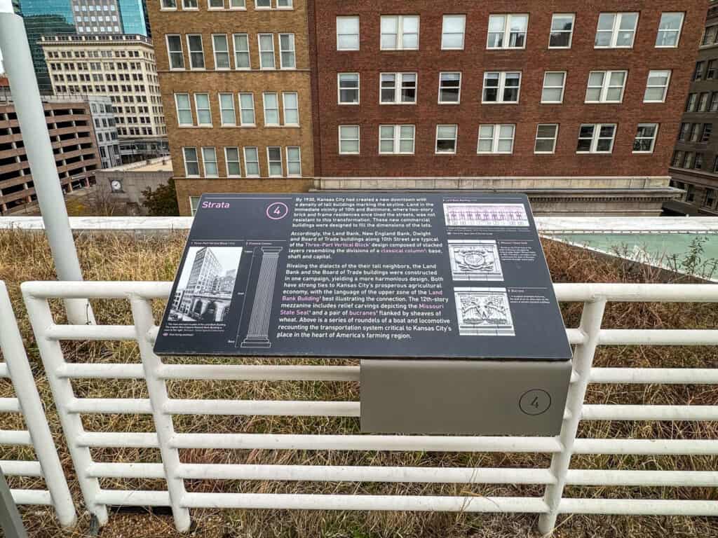 sign showing the city scape history at the kansas city central library rooftop terrace