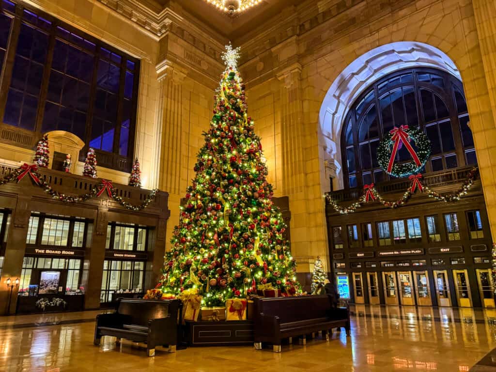 union station kansas city at the holidays with a christmas tree