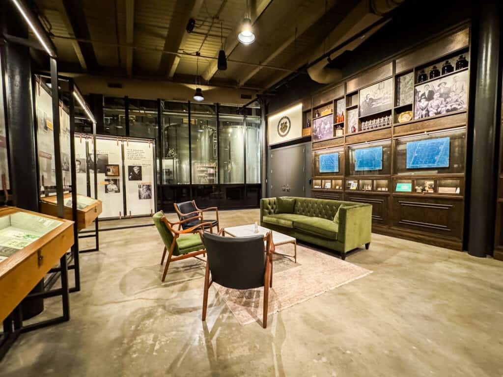 historical exhibit with suede couches at j rieger
