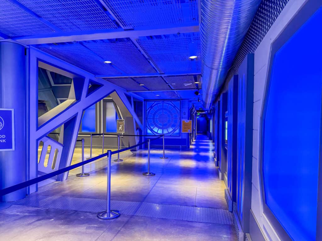 blue light entryway to the planetarium at union station