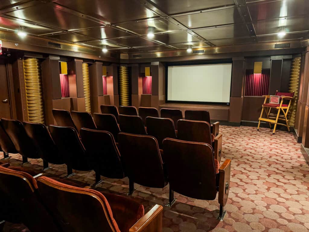 small movie theater with felt chairs